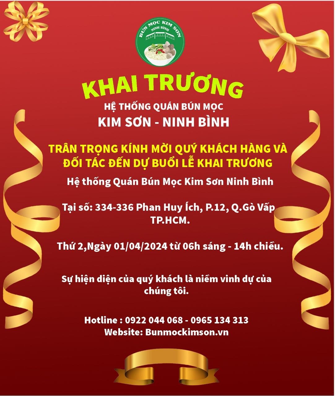Khai trương hệ thống quán Bún Mọc Kim Sơn - Ninh Bình